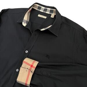 Burberry Mens Dress Shirt XL Slim Fit Stretch Cotton Nova Check Flip Cuff Black